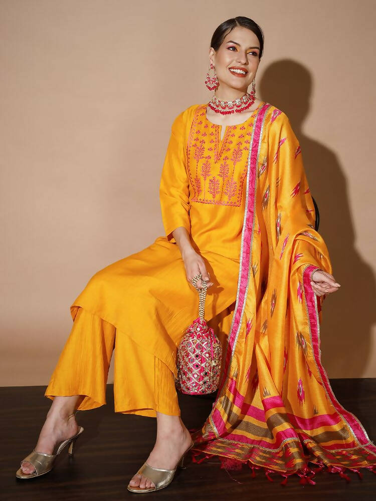 Myshka Women Mustard Solid Kurta & Palazzos With Dupatta - Distacart