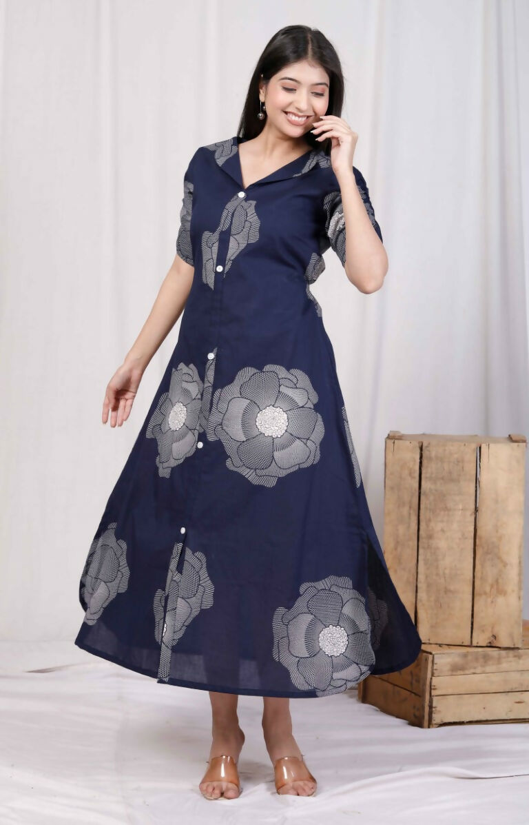 Miravan Women's Blue Floral Printed Front Buttoned A-Line Maxi Dress