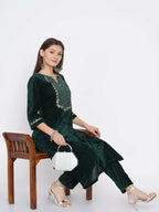 Women Republic Green Velvet Embroidered Kurta With Pant - Distacart