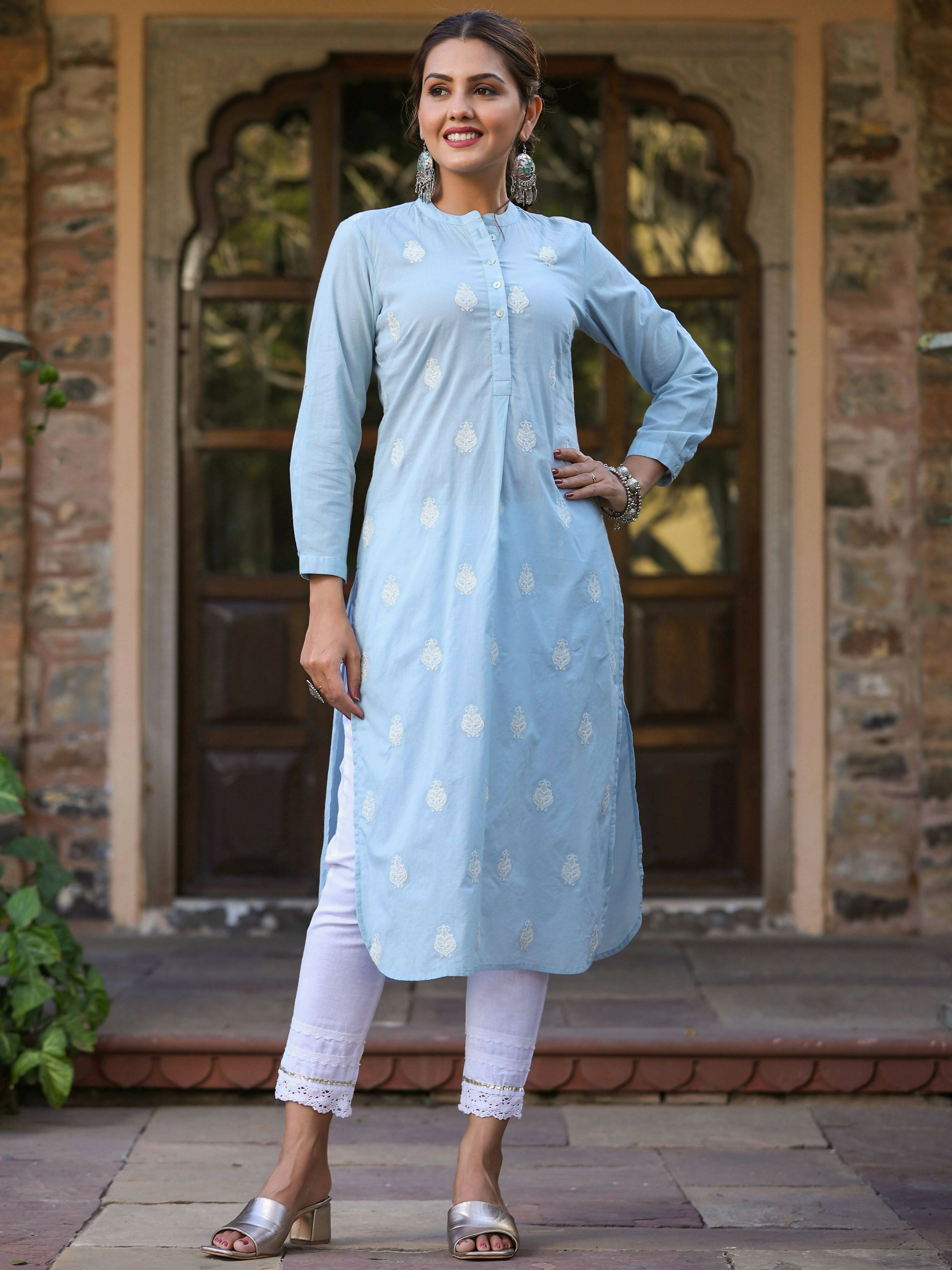 Juniper Women's Blue Cambric Embroidered Straight Kurta - Distacart