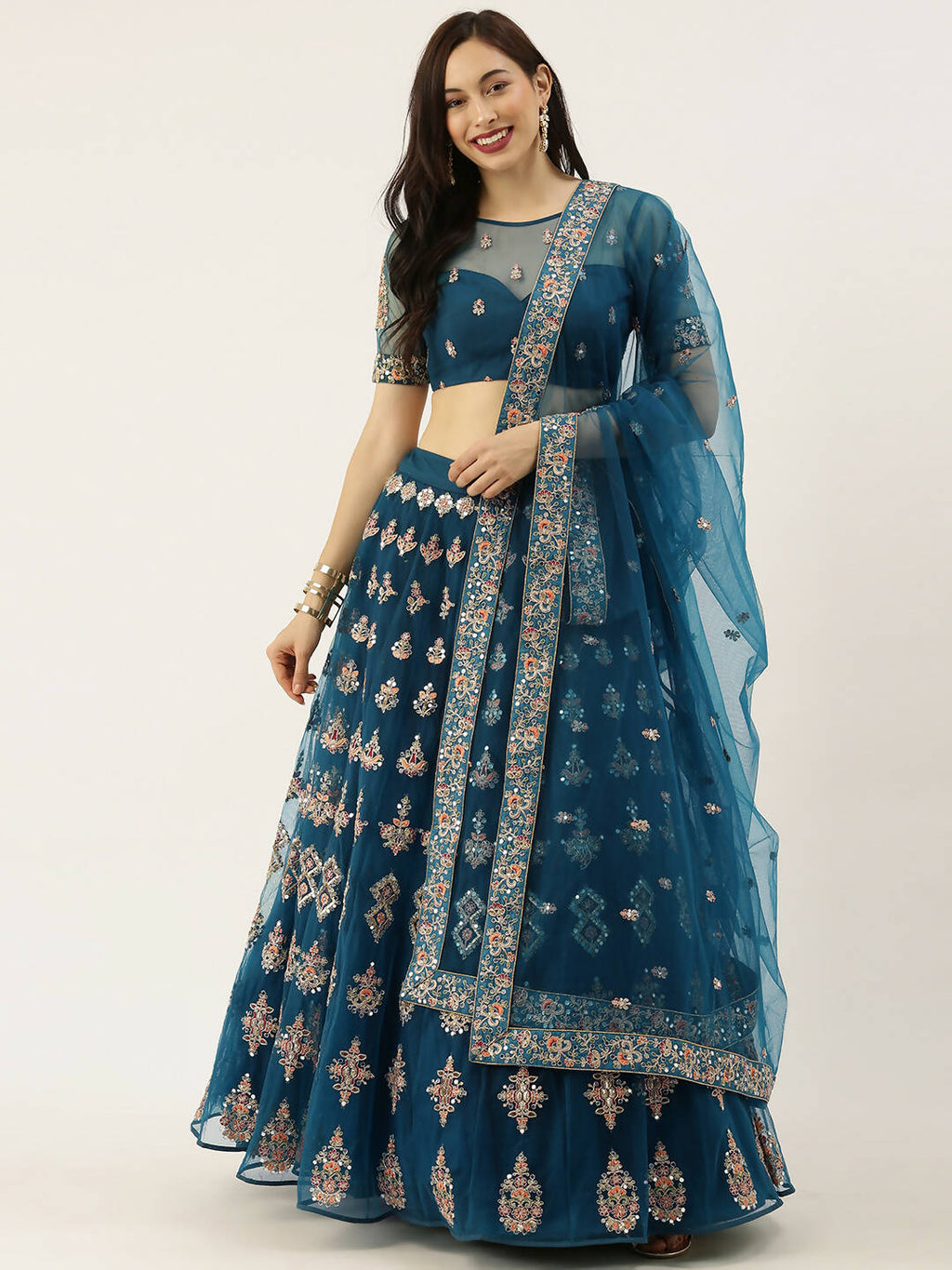 House of Panchhi Teal Net Semi stitched Mirror and Coding Work Lehenga Choli