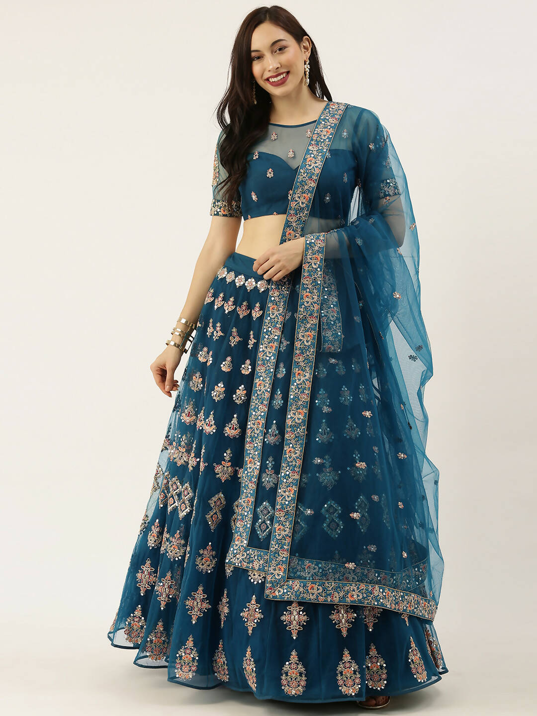 House of Panchhi Teal Net Semi stitched Mirror and Coding Work Lehenga Choli