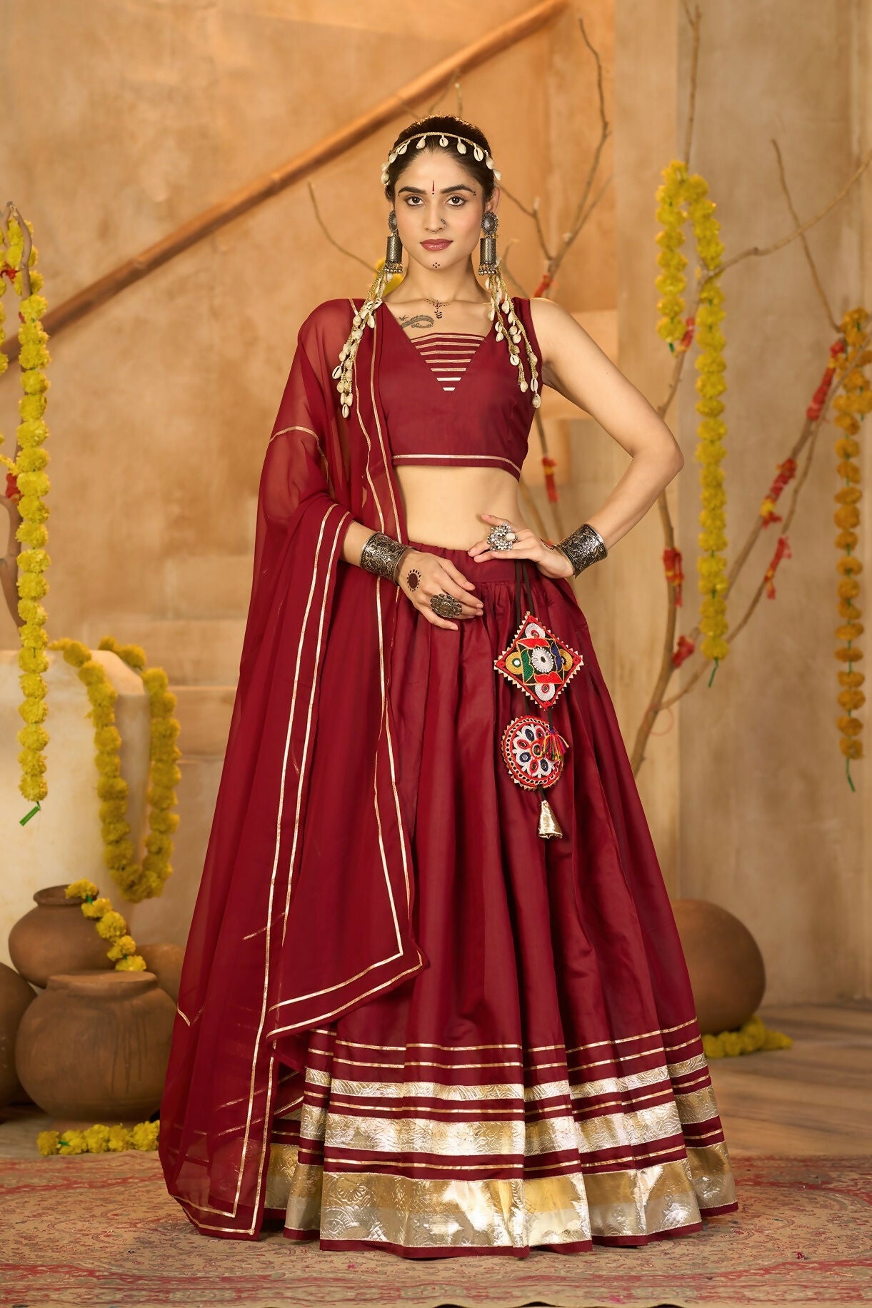 AI Fashion Maroon Silk Crepe Designer Navratri Wear Lehenga Choli Collection