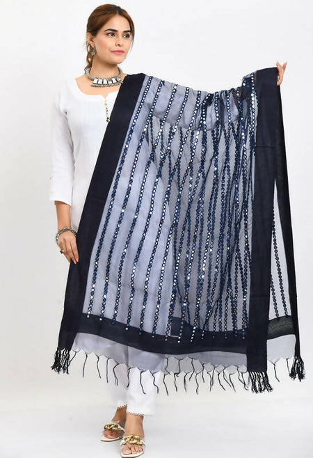 Mominos Fashion Moeza Women's Orgenza Mirror Stripe Thread Work Navy Blue Dupatta
