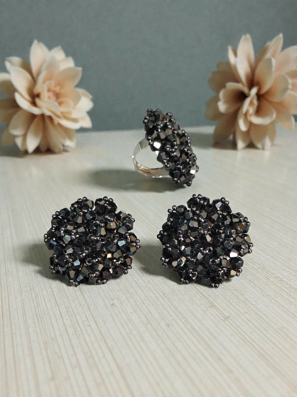Inhanns Rangmani Crystal Duo – Adjustable Ring + Statement Earrings Set - Black - Distacart