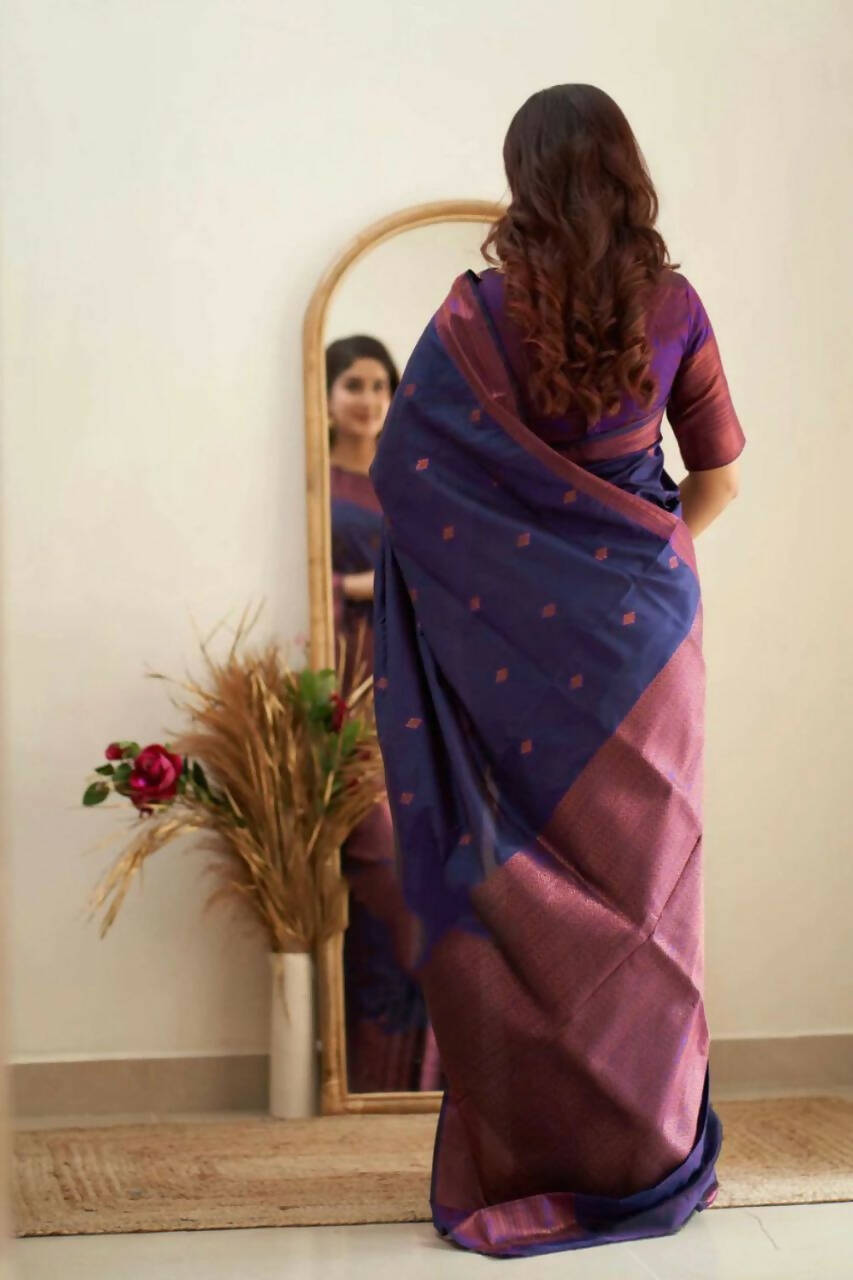DEIANA'S Beautiful Designer Golden zari Soft Lichi Silk Saree - Navy Blue
