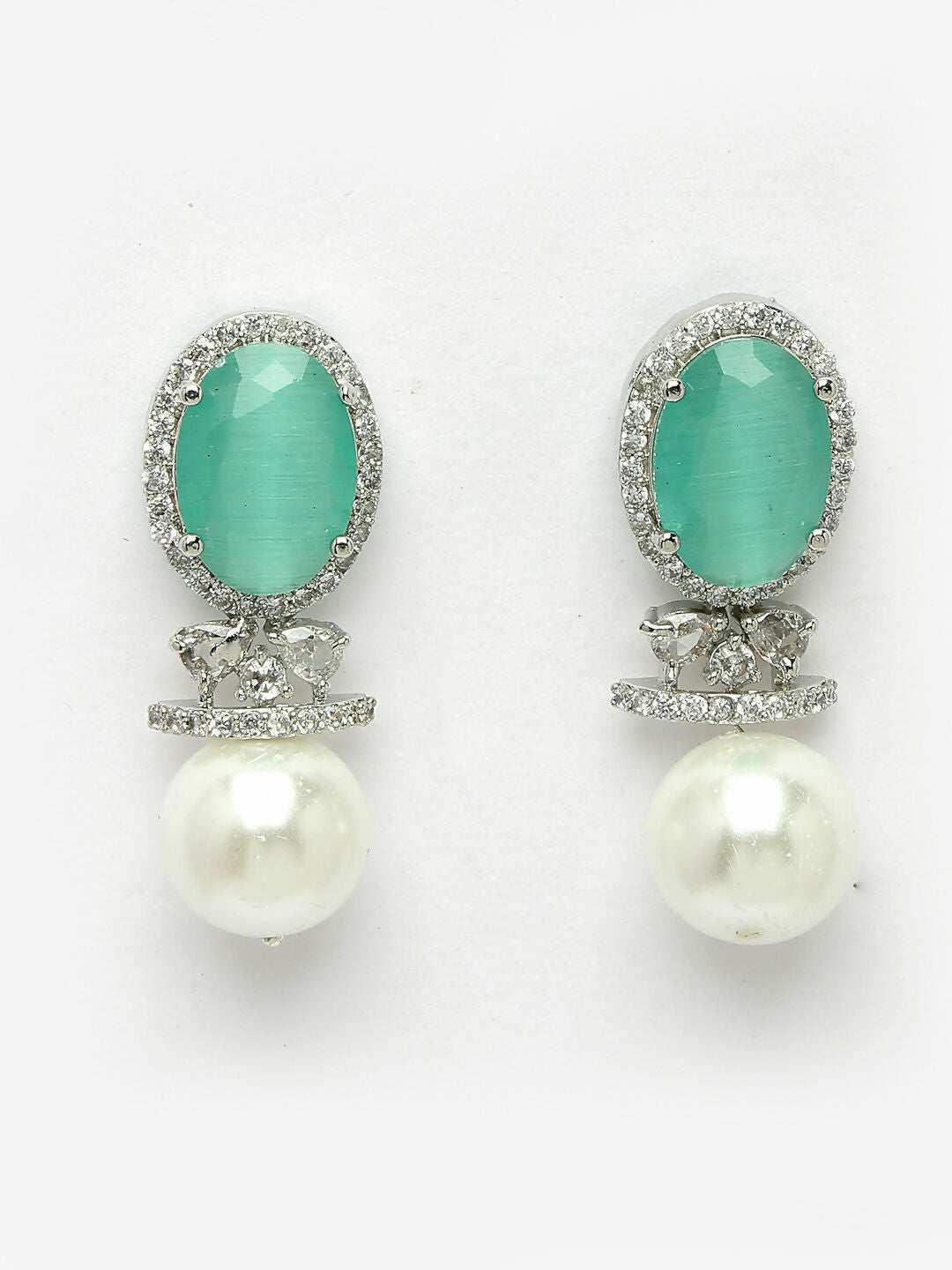 NVR Women's Silver-Plated Green American Diamond Studded Handcrafted Jewellery Set