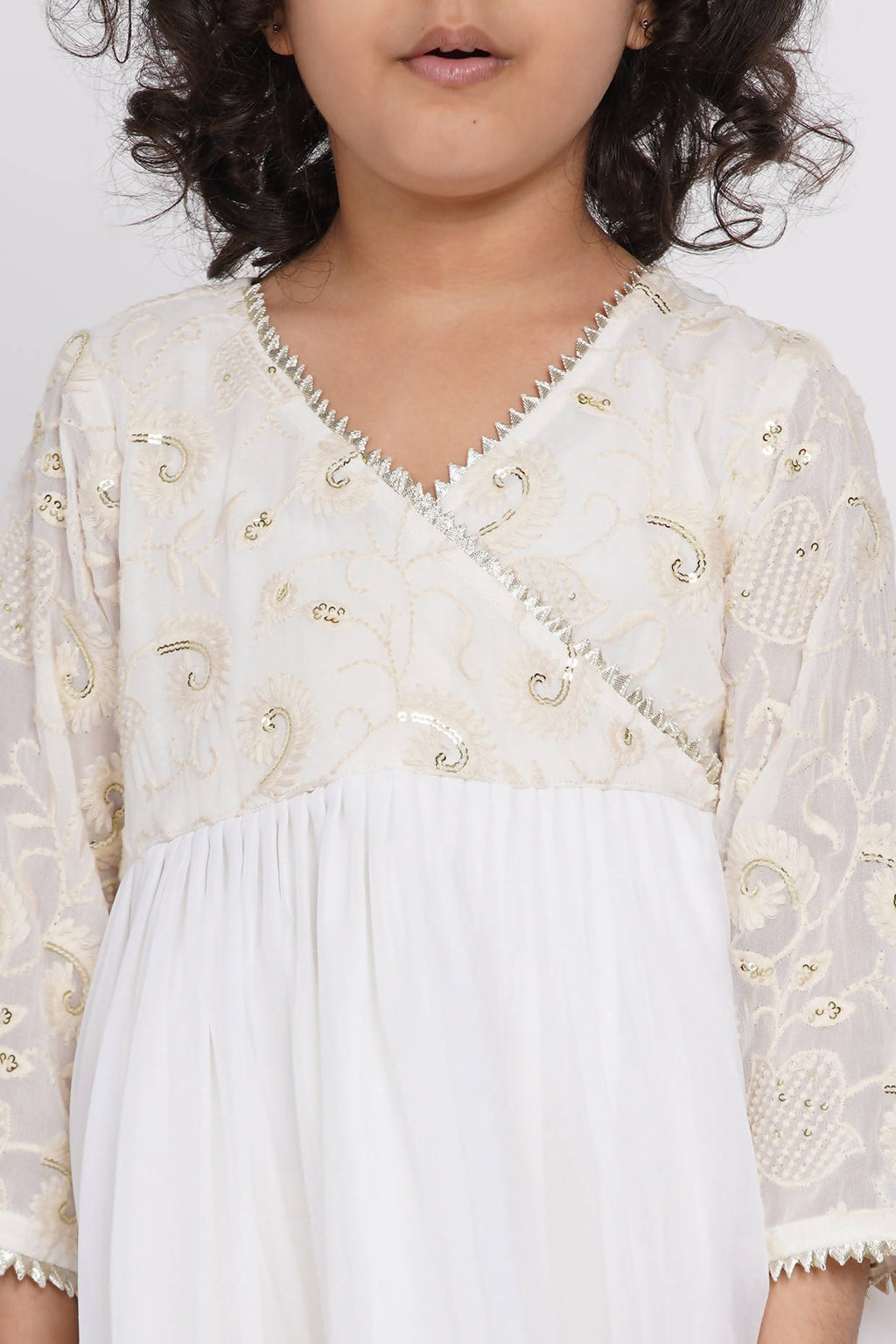 Little Bansi Girls Cotton Floral Embroidery & Lacework Kurta with Sharara & Dupatta - White