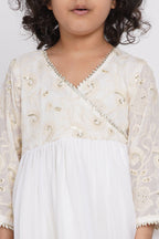 Little Bansi Girls Cotton Floral Embroidery & Lacework Kurta with Sharara & Dupatta - White
