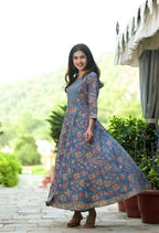 Yufta Women Blue Floral Yoke Design Regular Aari Work Pure Cotton Kurta with Trouser & With Dupatta