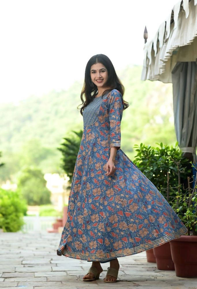 Yufta Women Blue Floral Yoke Design Regular Aari Work Pure Cotton Kurta with Trouser & With Dupatta