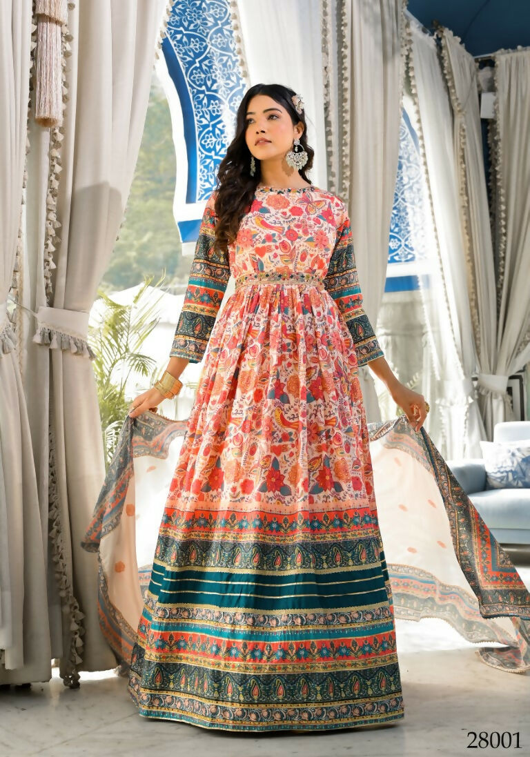 Wedding Designer Multi Soft Dola Silk Anarkali suit with Dupatta - Sanj
