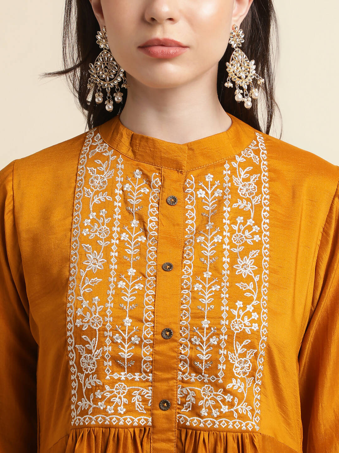 Mustard Chinon Floral Embroidered Top with Bottom - Maanushi