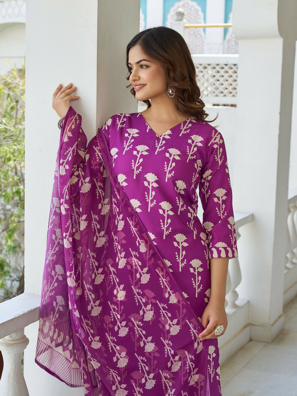 The52 Wine Women's Beautiful Cotton Blend Fabric Printed Work Straight Kurta, Pant and Dupatta Set - Distacart