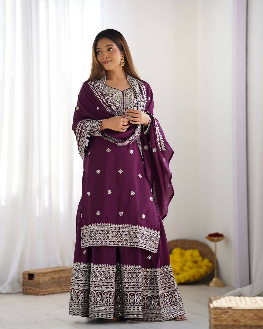 Joban Fashion Wine Kurta Set Silk Sequins , Zari, Coding & Thread Embroidered work - Distacart