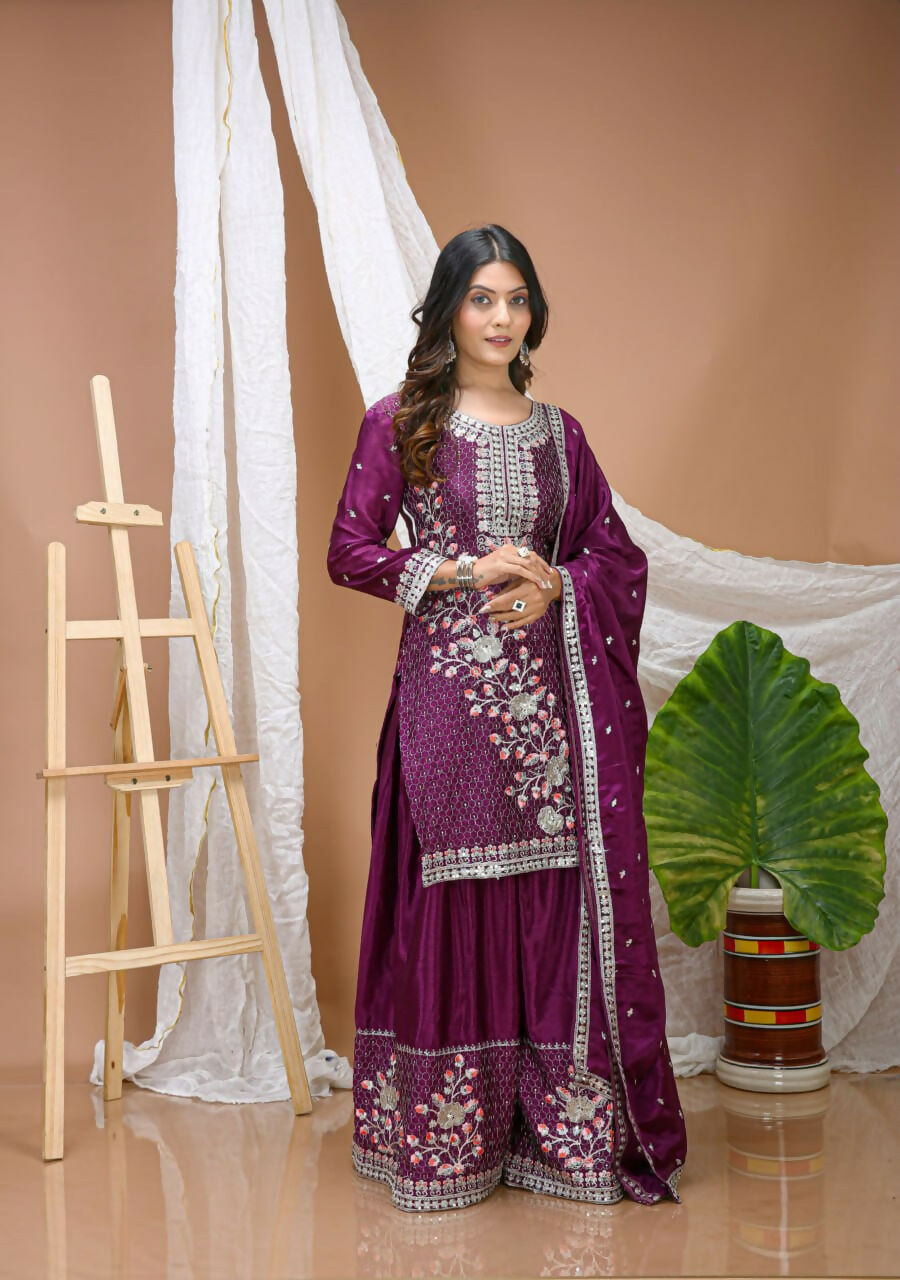 Teeya Creation Wine Color Chinon Silk Wedding Wear Trending Palazzo Set - Distacart