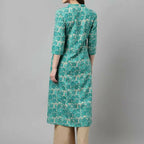 FIORRA Women's Floral Printed Teal Green Pure Cotton Straight Kurta