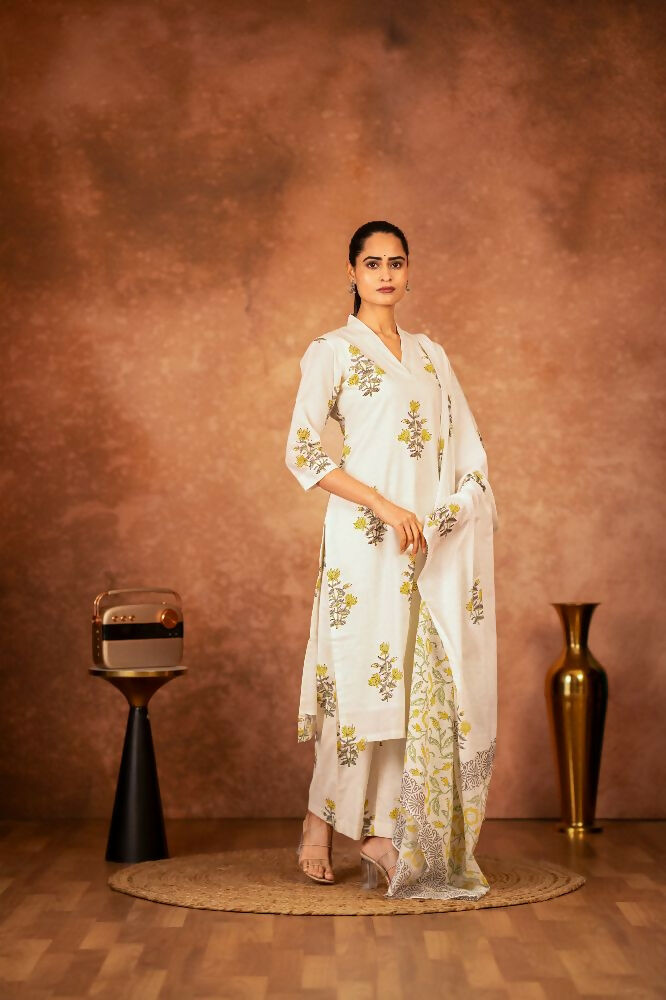 Joban Fashion Off White Yellow Hand Block Printed Cotton Suit Set - Distacart