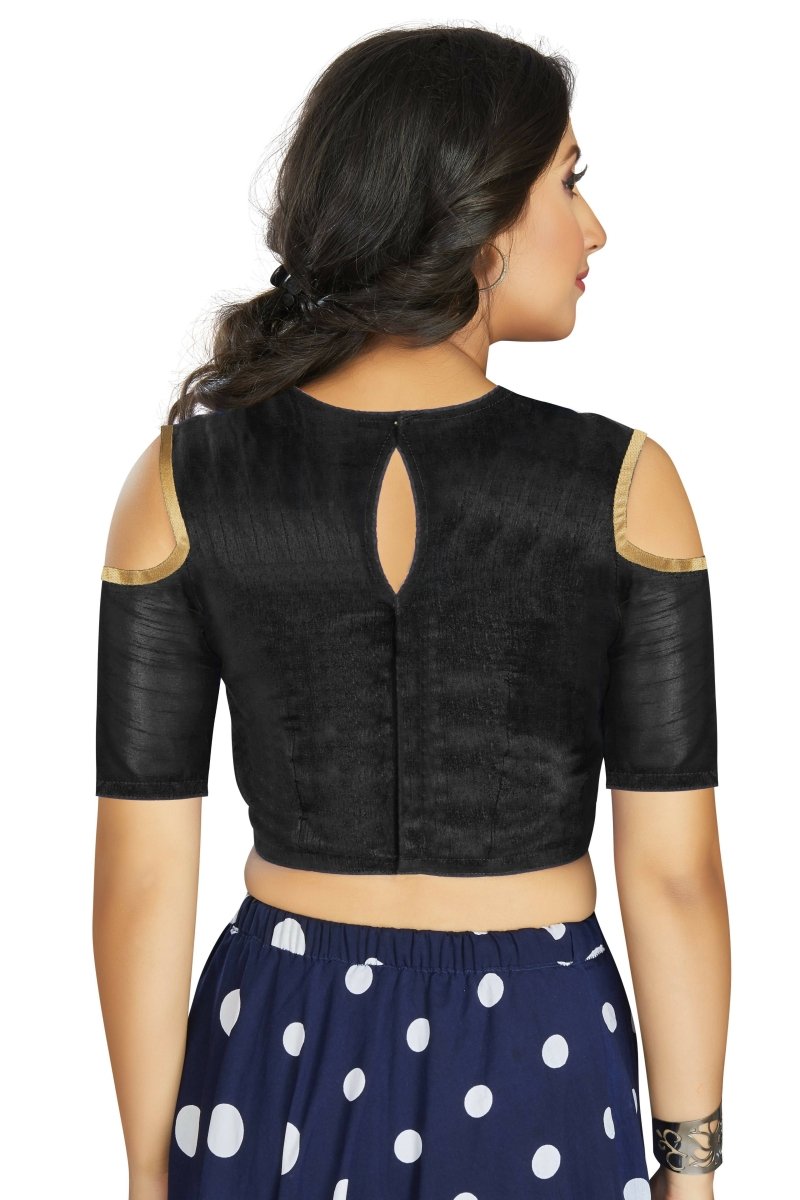 Aastha Fashion Women's Black Art Silk Cold Shoulder Sleeve Readymade Blouse