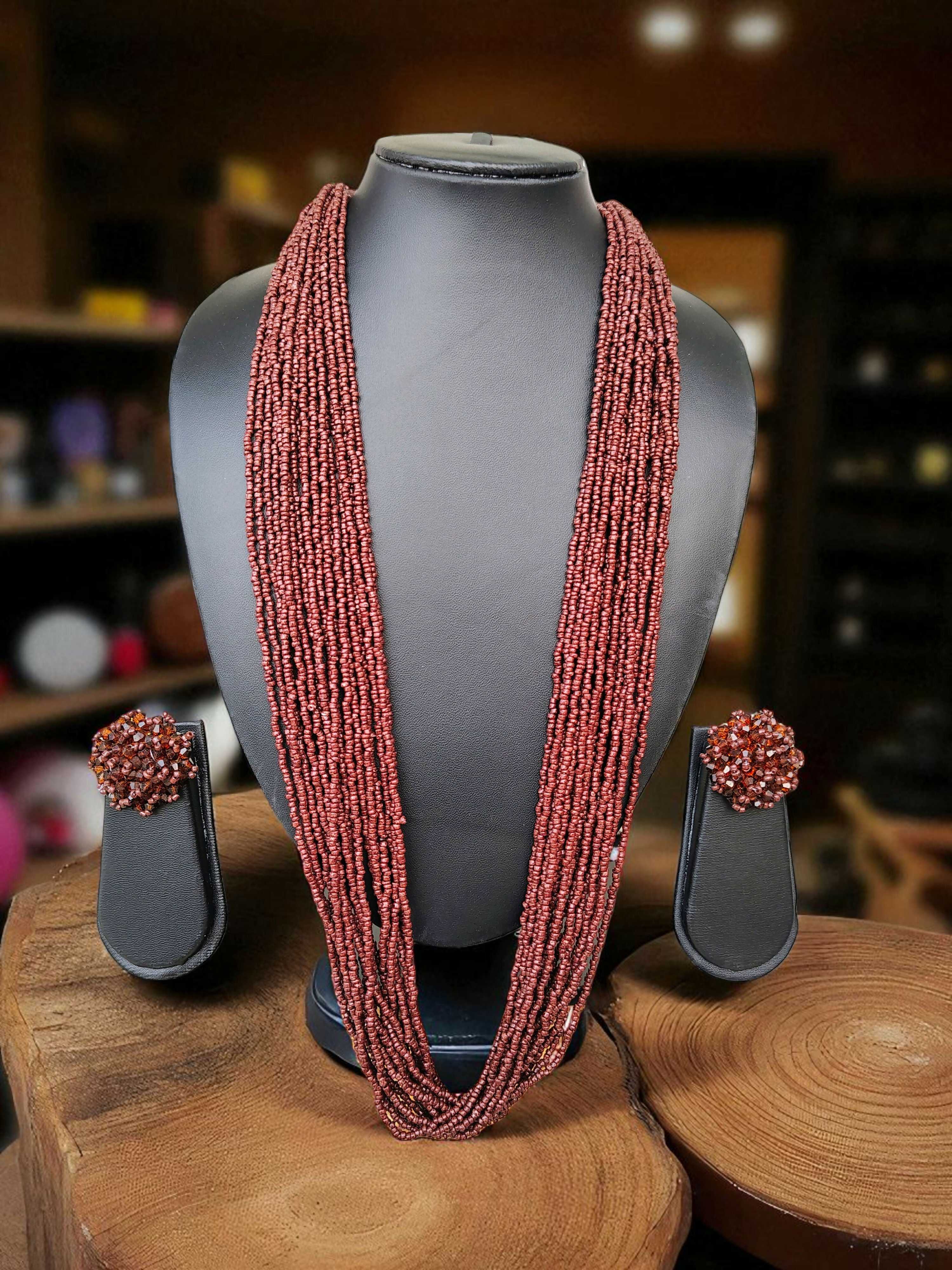 Inhanns Rangsaaz 20-Layer Luxe Long Beaded Necklace (With Optional Statement Earrings) - Coffee Brown With Earring