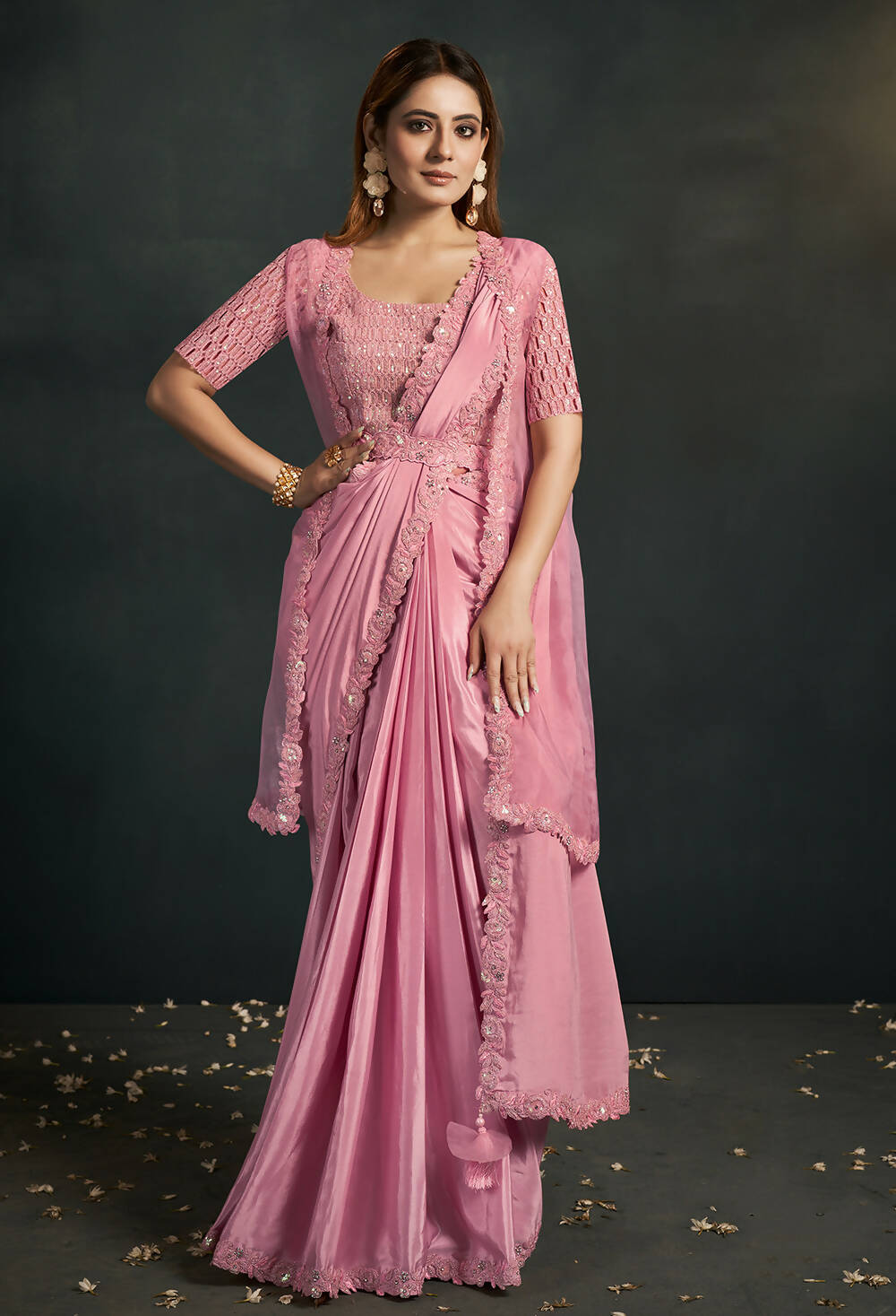 Pink Silk Crepe Georgette Cord Sequence & Thread Embroidered & Stone Work Saree - Moh-Manthan Royal Enigma