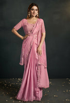Pink Silk Crepe Georgette Cord Sequence & Thread Embroidered & Stone Work Saree - Moh-Manthan Royal Enigma