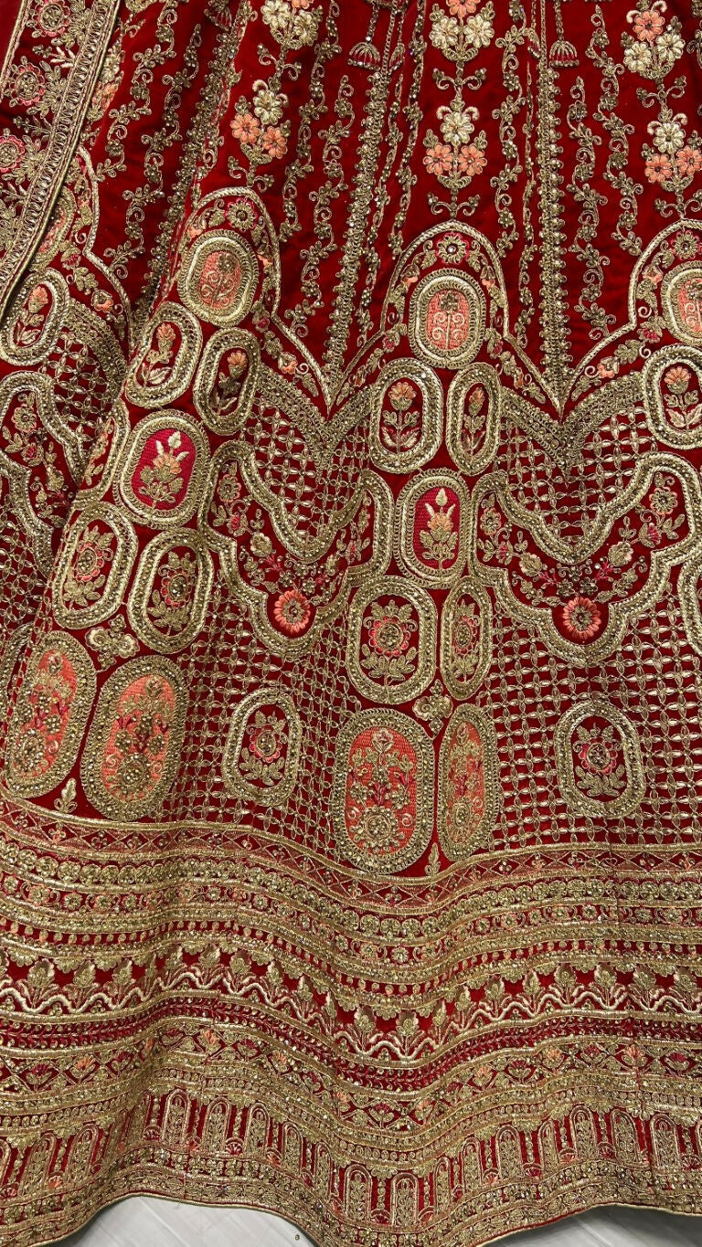 Jyoti Fashion Women's Red Velvet Multi Thread Embroidered with Zircon Diamond Wedding Lehenga Choli