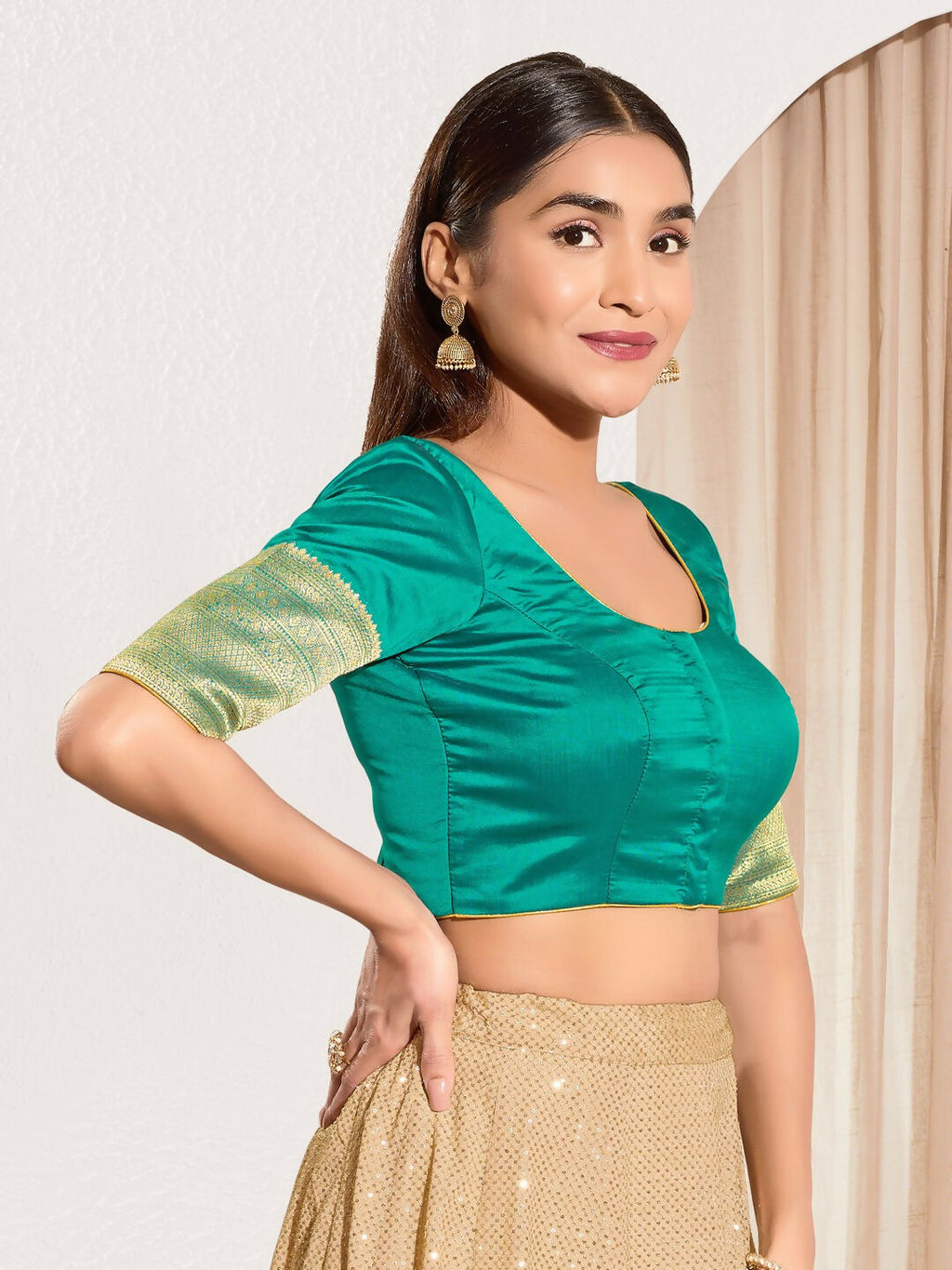 Joban Fashion Rama Green Taffeta Silk Padded Blouse With Round Neck Elbow Sleeves - Distacart