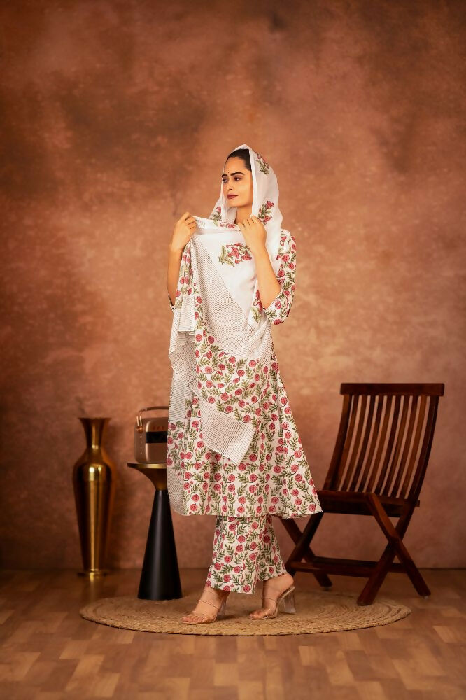 Joban Fashion Red Green Hand Block Printed Cotton Suit Set - Distacart