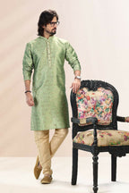 Raivat Ethnic Jacquard Banarasi Silk Pintux Work Kurta Pajama In Green Colour