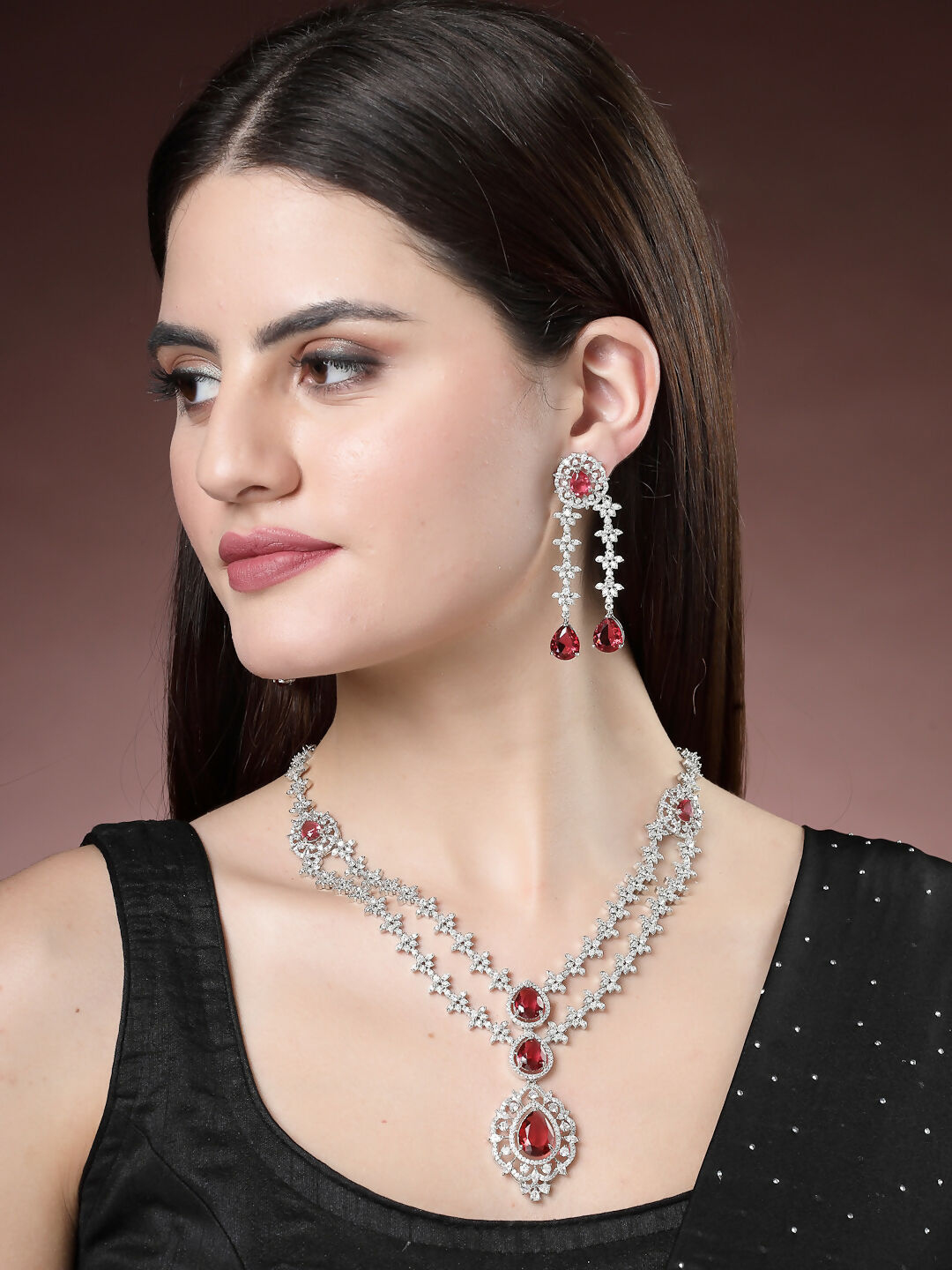 NVR Women's Silver-Plated Red CZ-Studded Handcrafted Jewellery Set
