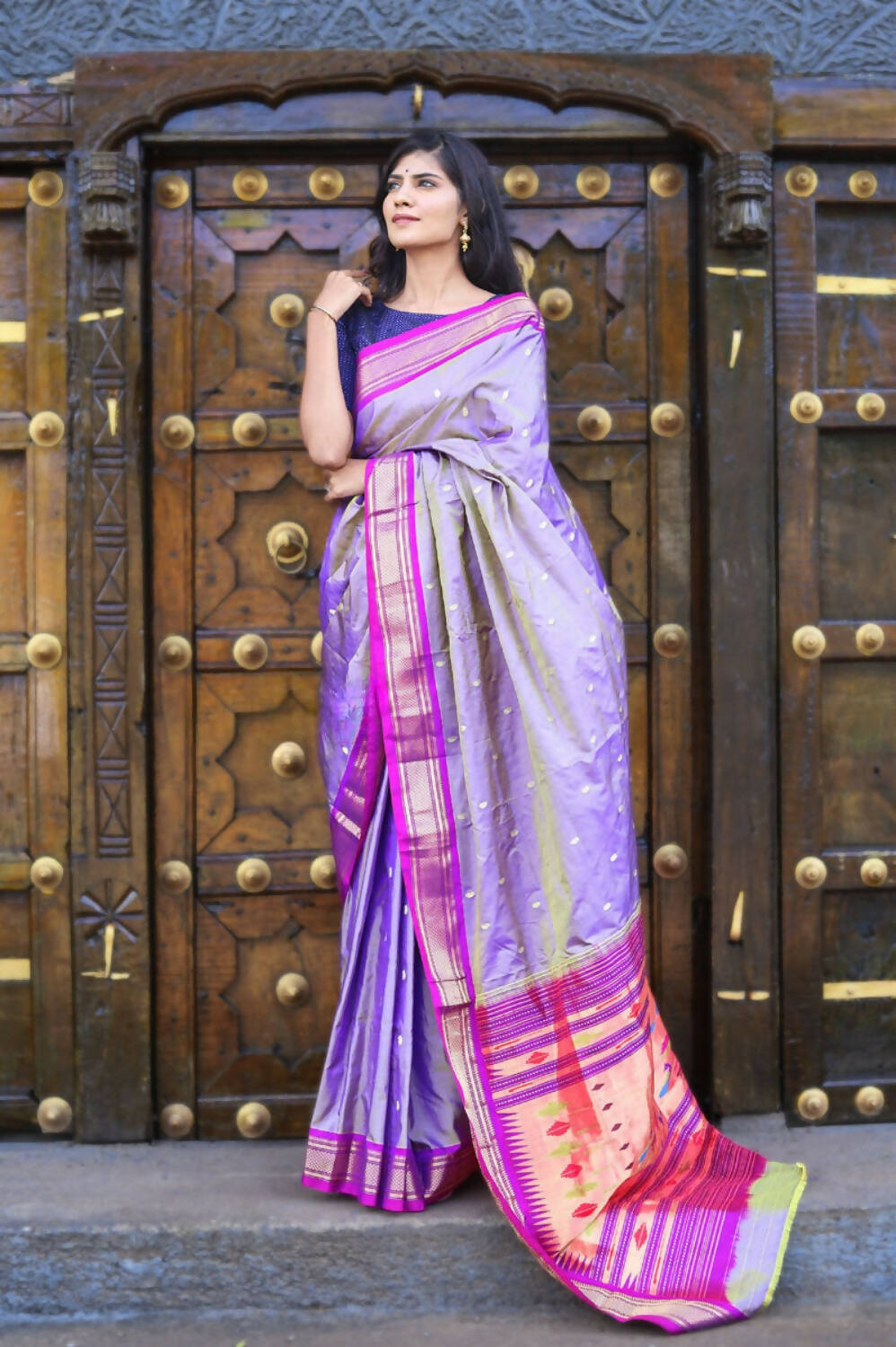Very Much Indian Pure Silk Handloom Paithani -Dual Tone Lavender With Purplish Pink - Distacart