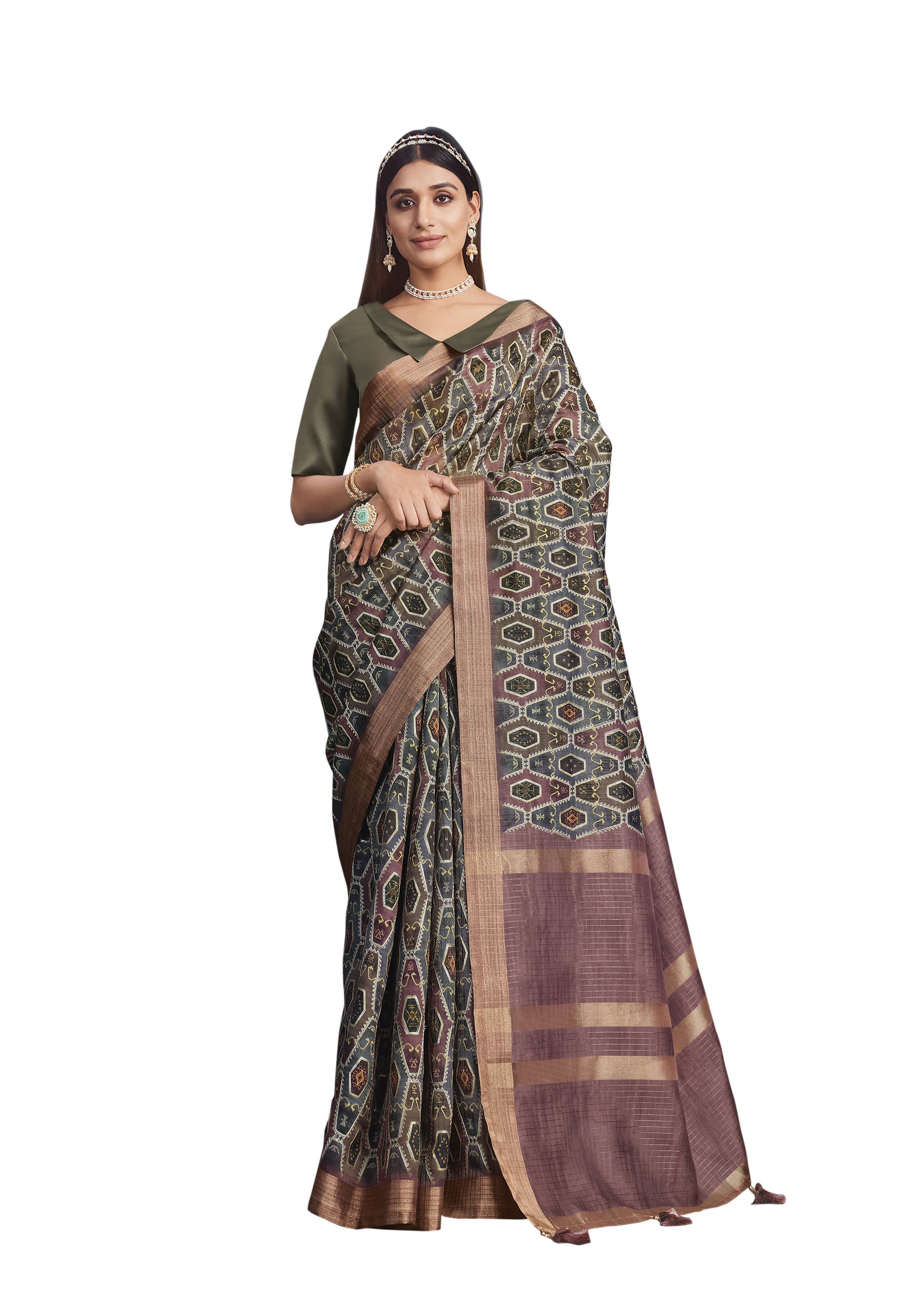 Brown Tusser Silk Geometric Printed Saree With Unstitched Blouse - Mohmanthan Aahana