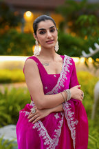 Vastranavya Pink Embroidery Work Shimmer Chiffon Saree with Unstitched Blouse - Distacart