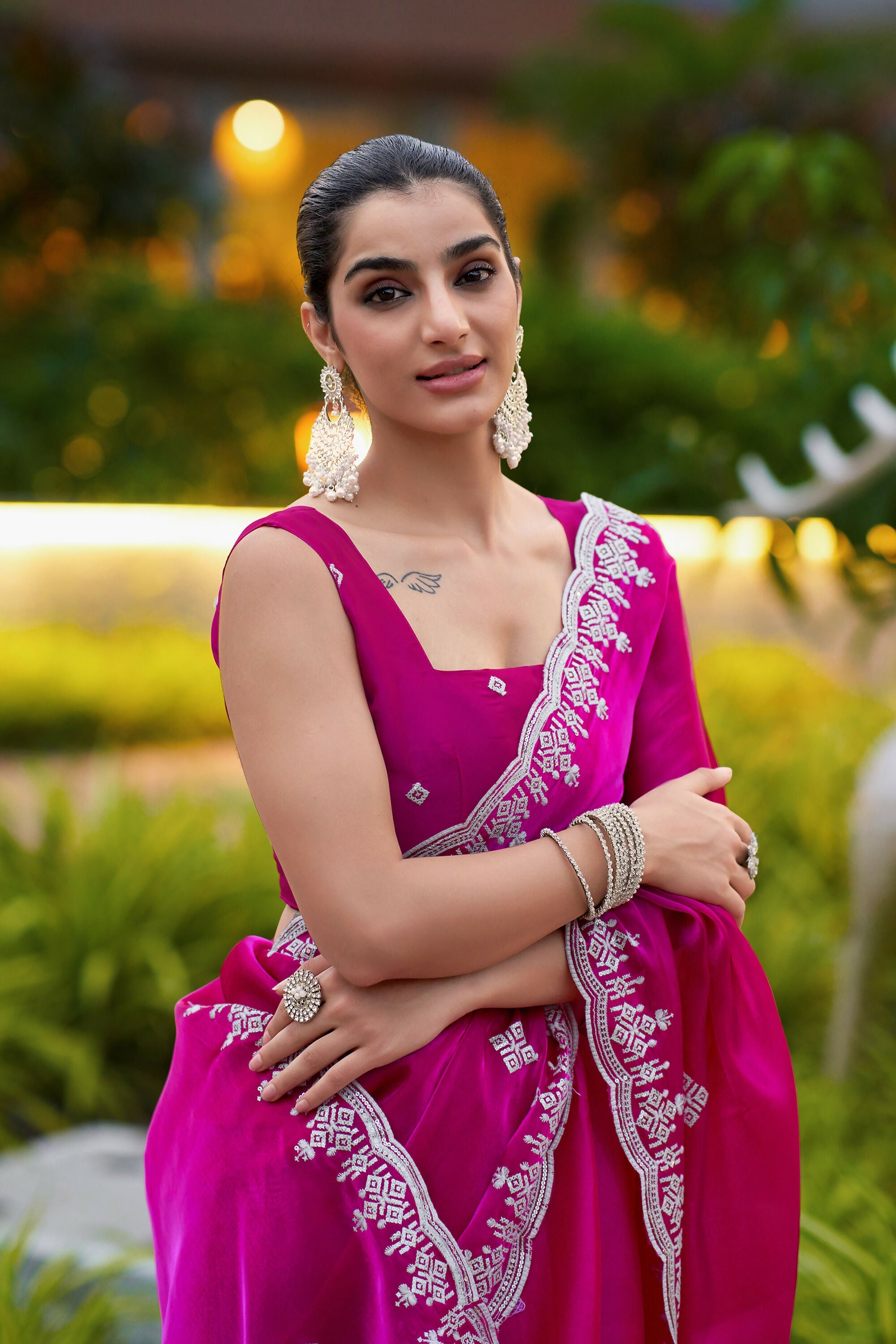 Vastranavya Pink Embroidery Work Shimmer Chiffon Saree with Unstitched Blouse - Distacart
