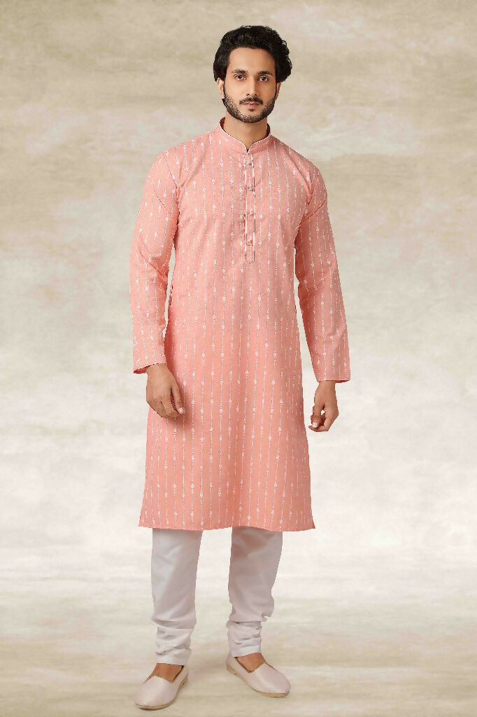 Raivat Ethnic Cotton Printed Work Kurta Pajama In Pink Colour