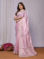 Pink Satin Silk Embroidered Saree With Stitched Blouse - Nimaya Kaksha