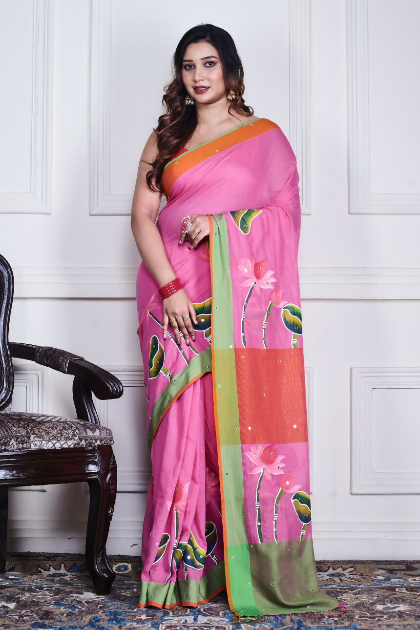 Morchari Multicolour Cotton Handloom Mirror Work Saree Unstitched Blouse - Distacart