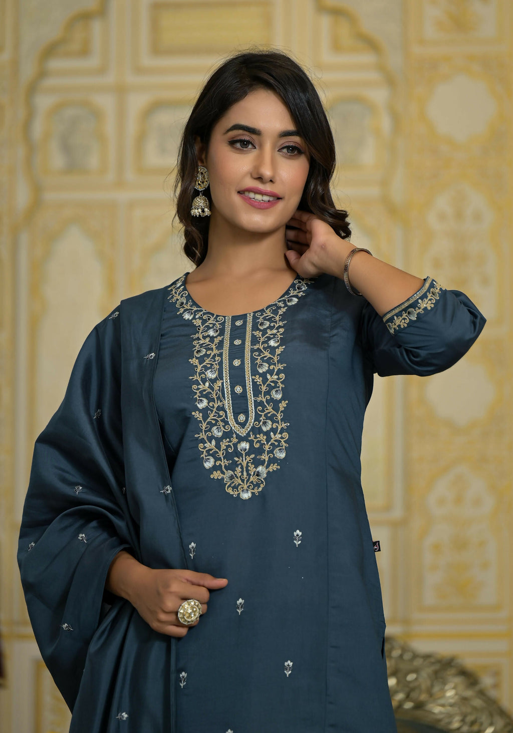 Juniper Women's Grey Thread & Zari Embroidered Viscose Kurta Pant And Dupatta Set