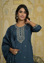 Juniper Women's Grey Thread & Zari Embroidered Viscose Kurta Pant And Dupatta Set