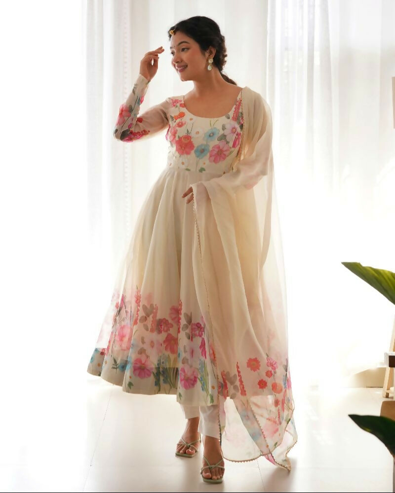 Joban Fashion Cream Kurta Set Organza Sequin Embroidery Work - Distacart
