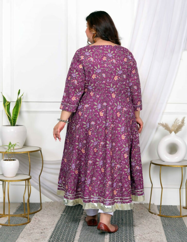 Miravan Women's Plus Size Cotton Gota Patti And Lace Border Details Floral Printed Purple Anarkali Kurta