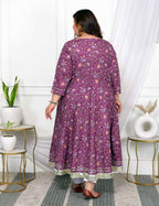 Miravan Women's Plus Size Cotton Gota Patti And Lace Border Details Floral Printed Purple Anarkali Kurta