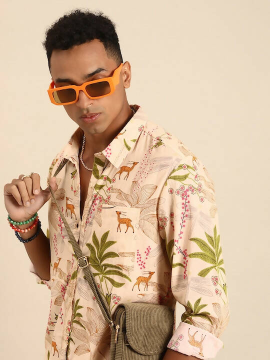 Beige Men Pure Cotton Relaxed Opaque Printed Casual Resort Shirt - Mahotsav