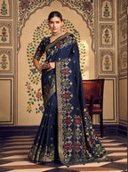 Monjolika Fashion Navy Blue Silk Blend Banarasi Zari Work Classic Saree - Distacart