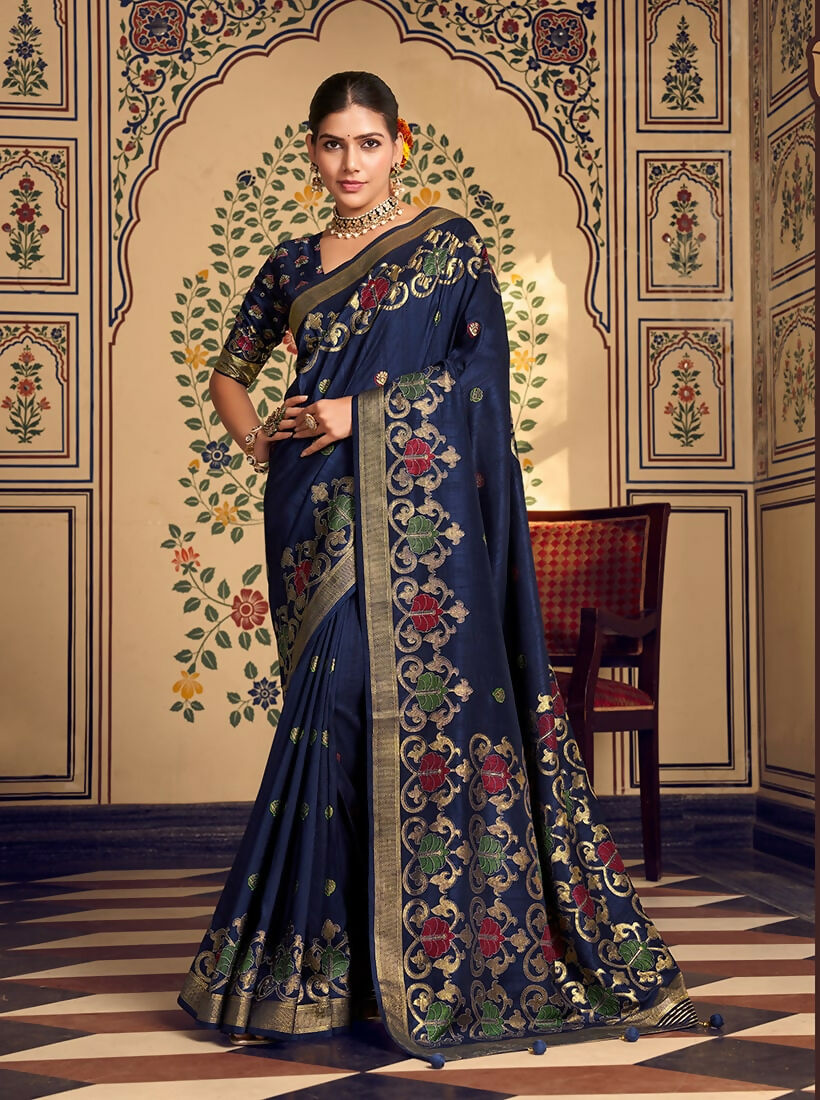 Monjolika Fashion Navy Blue Silk Blend Banarasi Zari Work Classic Saree - Distacart