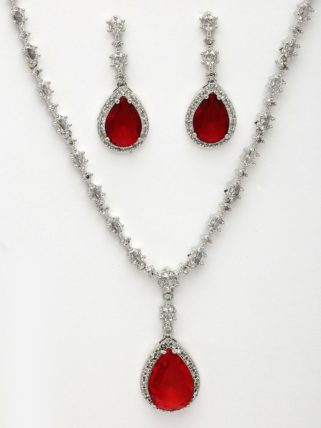NVR Women's Silver-Plated Red American Diamond-Studded Handcrafted Jewellery Set