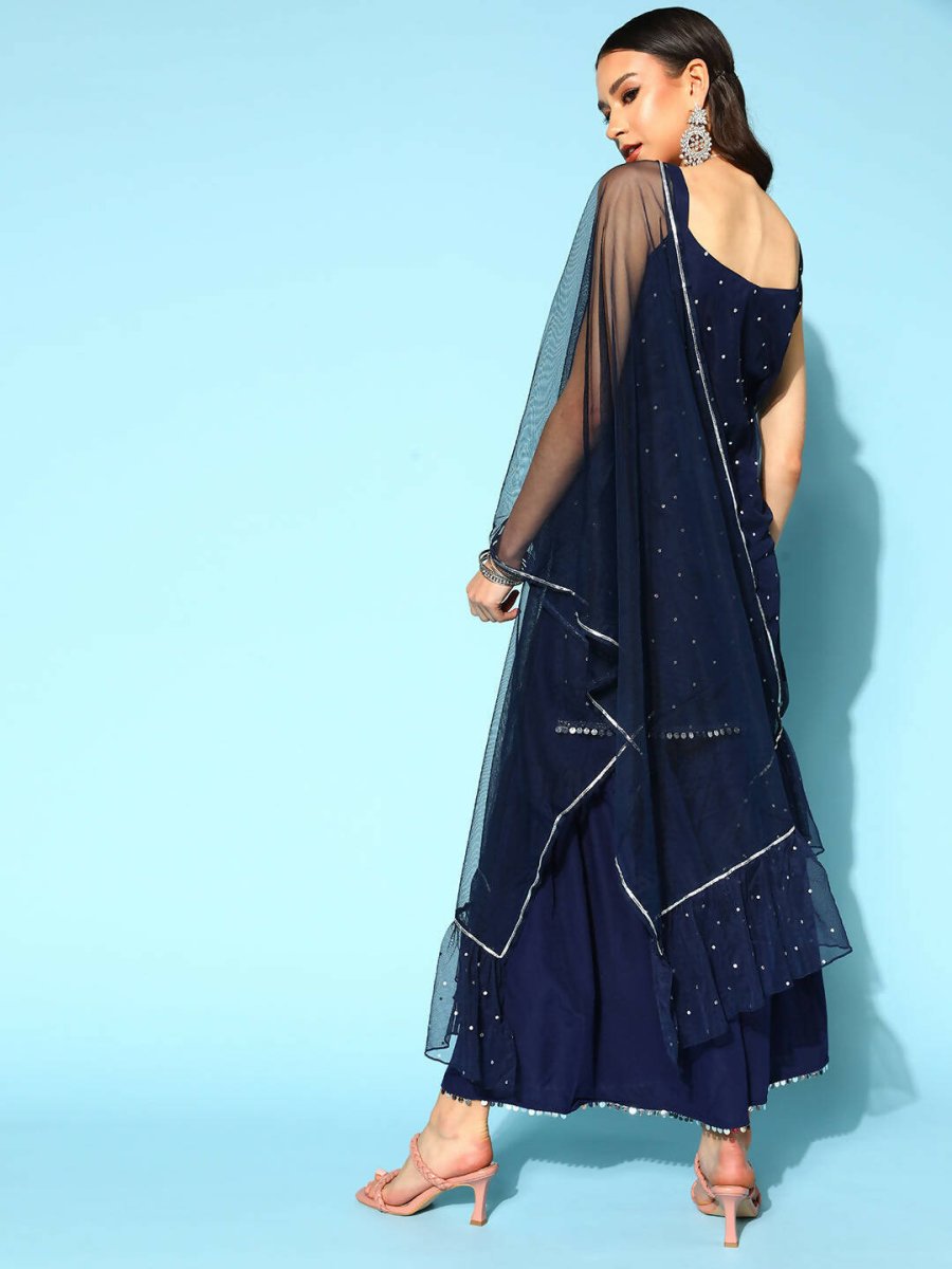 Ahalyaa Women Navy Blue Colour Crepe Foil Printed Kurta Sharara Set With Dupatta - Distacart