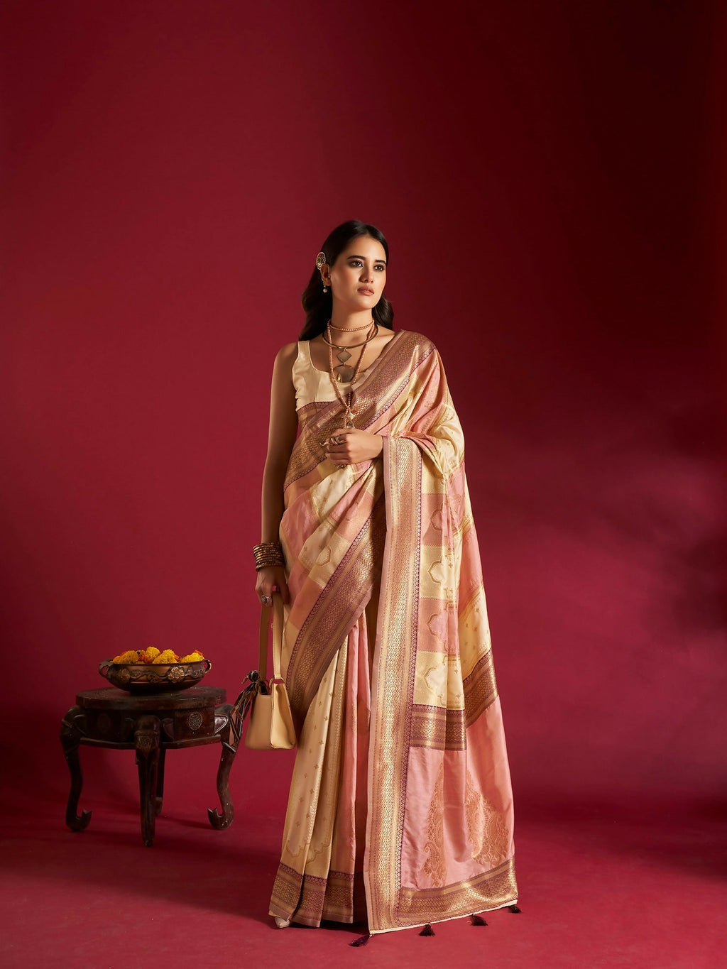 Joban Fashion Cream & Light Pink Plain With Weaving Border Banarasi Silk Sarees