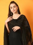 Myshka Women's Black Solid Anarkali Party Kurta Set With Dupatta